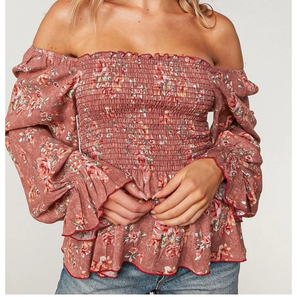 Mauve floral boho smocked off the shoulder lantern sleeve peplum babydoll top - Picture 4 of 6